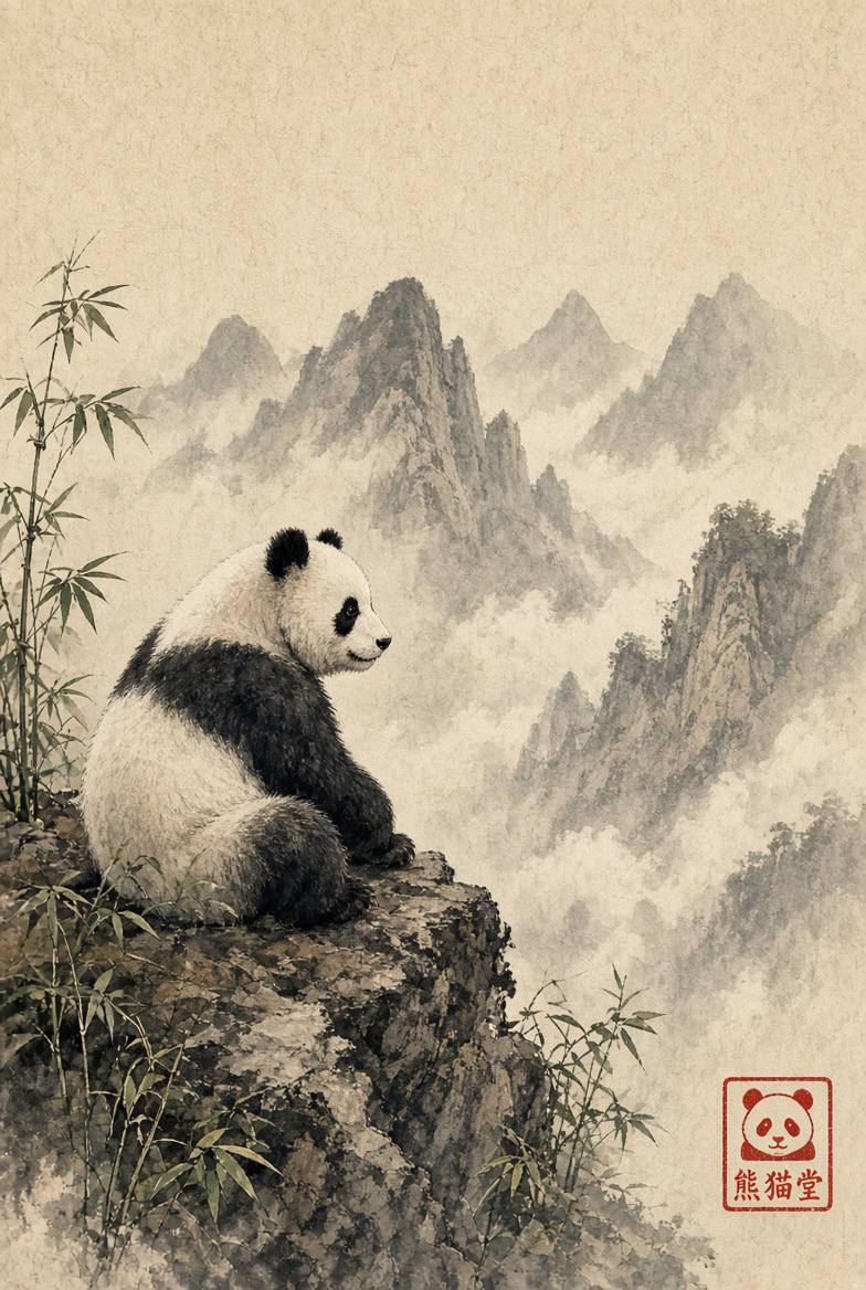 Panda among mountains